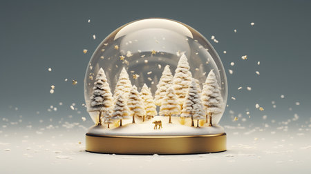 Snow globe with Christmas trees and snowflakes. 3D renderingの素材