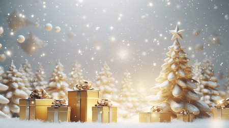 Christmas background with golden gift boxes and christmas tree. 3D rendering.の素材