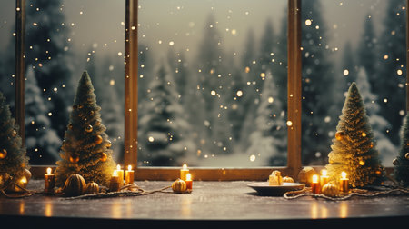 Christmas or New Year holiday background with burning candles, fir trees and snowflakesの素材