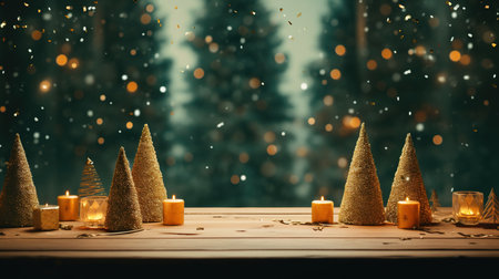 Christmas and New Year background with bokeh lights and golden christmas treeの素材