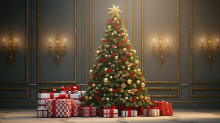 Christmas tree with presents in classic interior. 3d render illustration.の素材