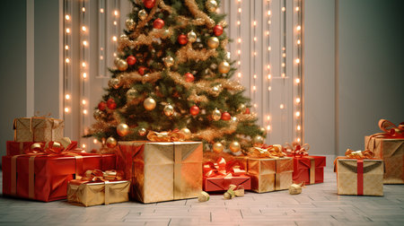 Christmas tree with gifts in the interior of the room. 3d renderingの素材