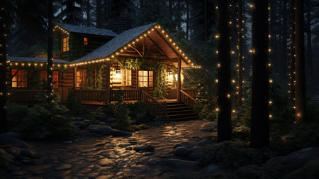 3D rendering of a cozy wooden house in the forest at nightの素材