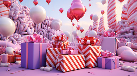 Gift boxes and balloons on pink background. 3D rendering.の素材