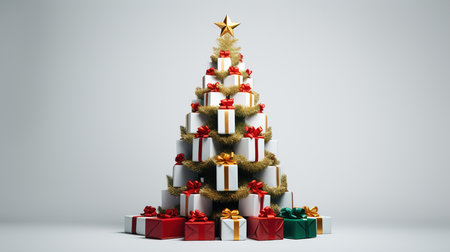 Christmas tree with gift boxes on white background. 3D rendering.の素材