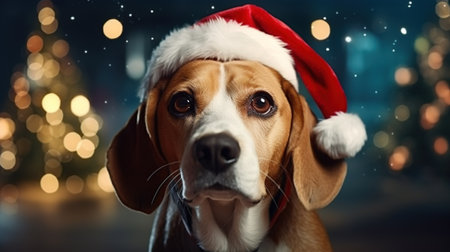 christmas, holidays and people concept - close up of beagle dog in santa hat over lights backgroundの素材