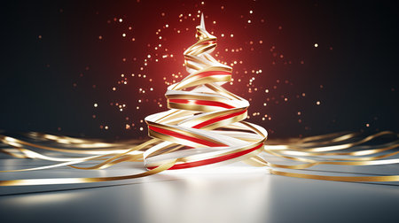 Christmas tree with golden ribbons on red background. 3D renderingの素材