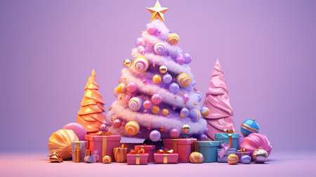 Christmas tree with gifts 3d render on violet background with copy spaceの素材