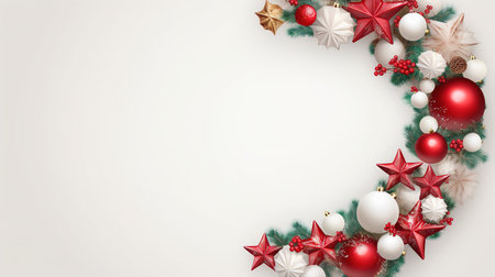 Christmas background with red and white decorations. Top view. Copy space.の素材