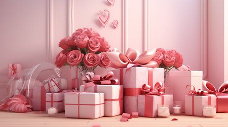 Valentine's Day background with roses and gift boxes. 3D renderingの素材