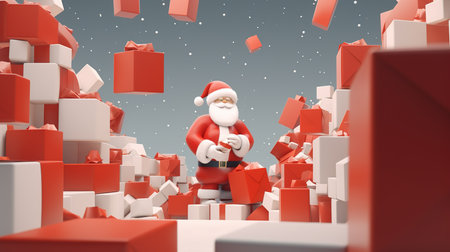 3d illustration of santa claus standing in a pile of cubesの素材