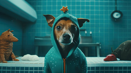 Dog in a green raincoat in the shower. Dog in a raincoat.の素材