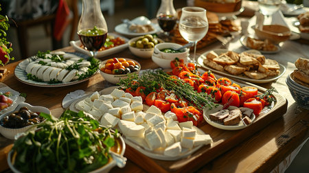 A sumptuous spread of assorted cheeses, appetizers, and salads basked in natural sunlight, arranged on a wooden table.の素材