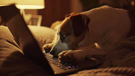 A focused dog typing on a laptop, surrounded by warm ambient lighting at home.の素材
