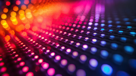 An abstract background pattern of LED lights glowing with a vibrant bokeh effect in a spectrum of warm and cool colors.の素材