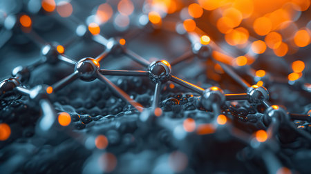 A close-up view of a graphene atomic structure with glowing nodes, symbolizing cutting-edge research in nanotechnology and materials science.の素材