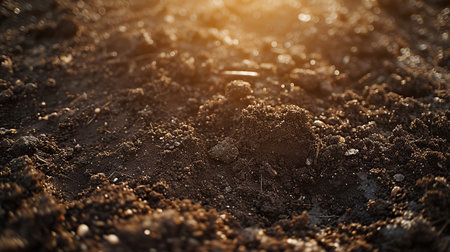 Close-up of fertile agricultural soil basking in the warm sunlight, highlighting texture and potential for crop growth.の素材
