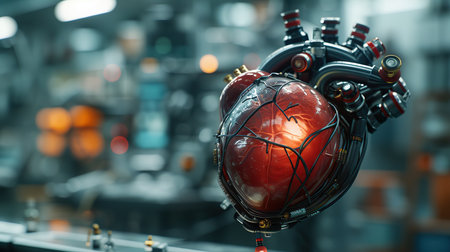 A highly detailed artificial heart with mechanical components poised in a futuristic laboratory setting, illustrating the convergence of biology and technology.の素材