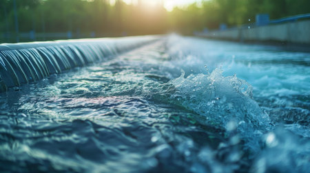 Golden sunlight illuminates water rushing over a weir in an urban setting, highlighting the fluid motion and energy.の素材