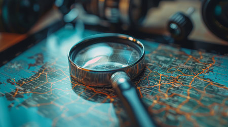 A magnifying glass focuses on the intricate details of a world map, symbolizing the quest for discovery and the intricate planning of travel.の素材