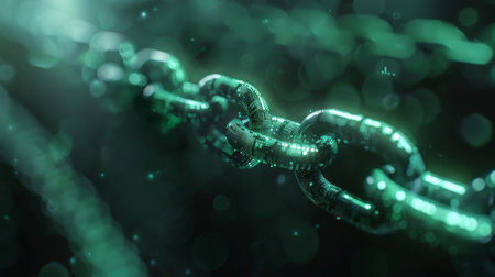 Abstract concept of blockchain technology with a green glowing digital chain against a bokeh light background, symbolizing secure connections.の素材