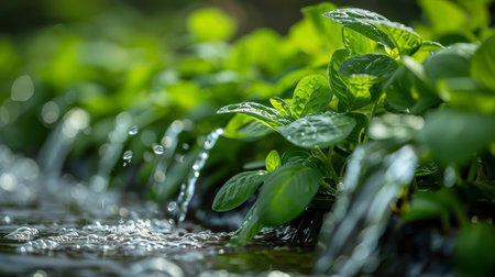 Close-up of vibrant green spinach leaves growing in a field, with water droplets glistening in the sunlight.の素材