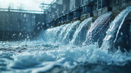Dynamic image of effluent water cascading down a channel at a wastewater treatment plant, showcasing the purification process.の素材