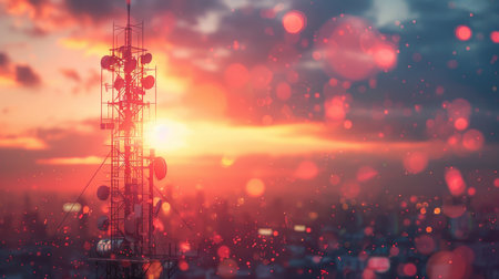 The silhouette of a telecommunication tower stands against a dramatic sunset, with glowing city lights in the background.の素材