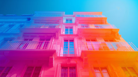 Traditional architecture meets modernity with a historic building facade washed in a gradient of neon lights.の素材