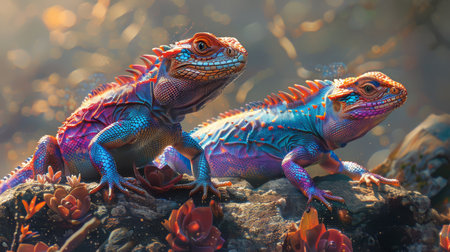 Two radiant agama lizards with iridescent scales bask on a rock, shimmering in the warm sunlight.の素材