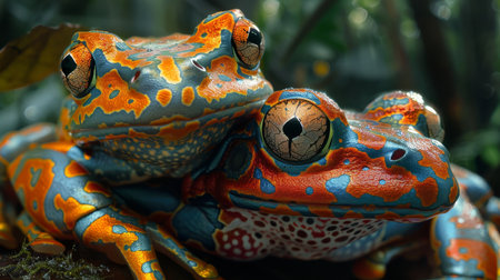 Macro shot of two fringed leaf frogs with intricate patterns and vibrant colors in a natural setting.の素材