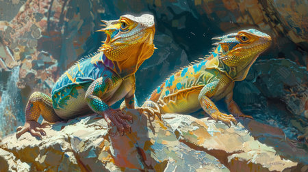 Two strikingly colorful iguanas display their intricate scale patterns while perched on a sun-drenched cliff.の素材