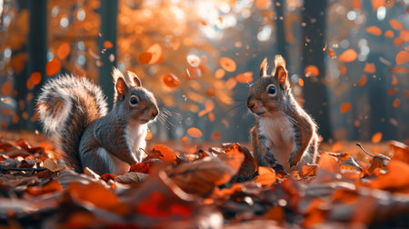 Enchanting view of two squirrels amidst a magical autumnal forest with leaves fluttering in the light.の素材