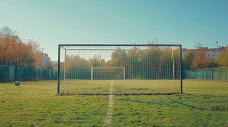 An empty soccer goal stands at the ready on a sunlit local football field, with autumnal trees lining the background.の素材