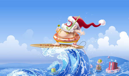 Santa Claus beach vacation surfing. Funny Christmas illustration, Santa has a restの写真素材