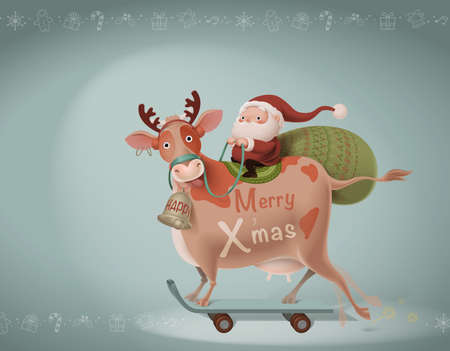 Santa and A cow dressed as elk skateboarding.の写真素材