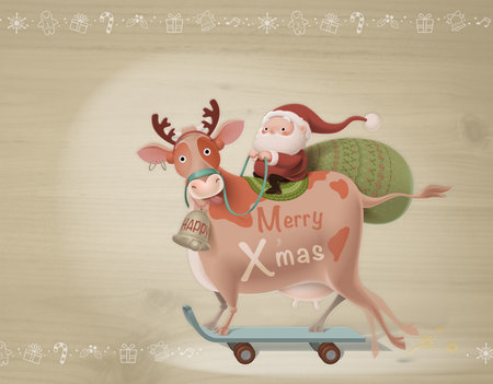Santa and A cow dressed as elk skateboarding. Painted on wood.の写真素材