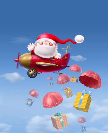 Santa flies the plane and sprinkles gifts from the air.の写真素材
