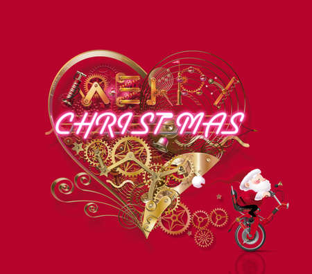 Santa Claus riding a bicycle, To turn the gears of a steampunk mechanism heart.の写真素材