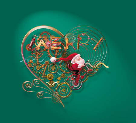 Santa Claus riding a new type of unicycle, on steampunk mechanism heart.の写真素材