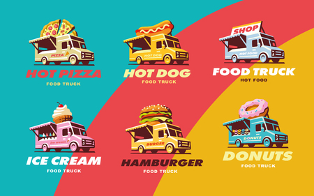 Set illustrations food truck, Pizza, hot dog, ice cream, burger donut elementsのイラスト素材
