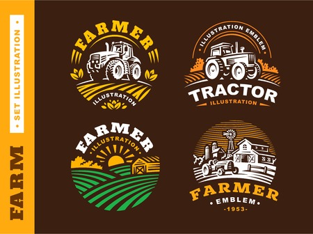 Set Illustration farm in vintage style on dark backgroundのイラスト素材
