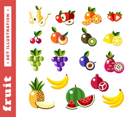 Set illustrations of fresh fruit on white backgroundのイラスト素材
