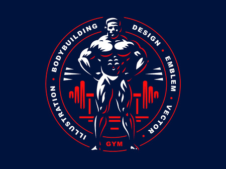 Bodybuilder emblem design illustration on dark backgroundのイラスト素材