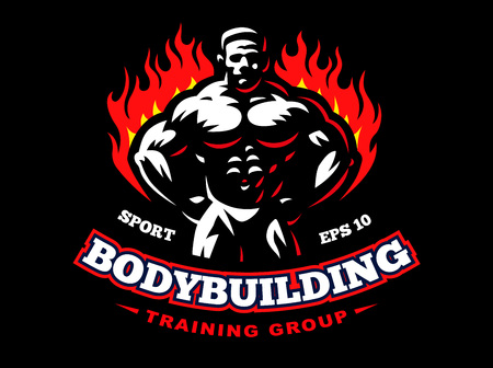 Bodybuilder emblem design illustration on dark backgroundのイラスト素材