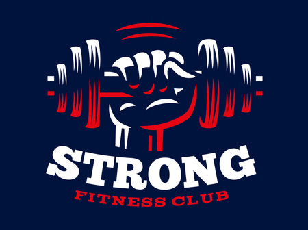 Dumbbell hand emblem design illustration on dark backgroundのイラスト素材