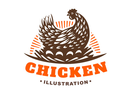 Hen incubates the eggs illustration emblem on white backgroundのイラスト素材