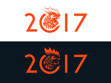 illustration of rooster, symbol 2017 on dark and white backgroundのイラスト素材