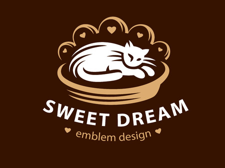 White cat sleeps on a bed pillow logoのイラスト素材