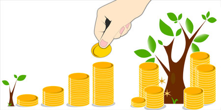 <p>Investment concept, Coins graph with tree and hand. Vector illustration. Hand hold gold coin. Stack of the coin that grows.</p>のイラスト素材